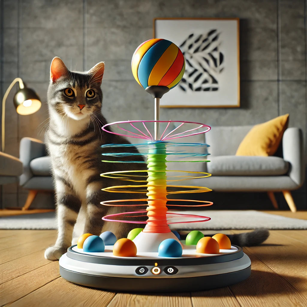 Jouet interactif pour chat, composé d’une balle colorée rotative et d’une base solide, présenté dans un salon moderne avec un chat tigré en train de jouer