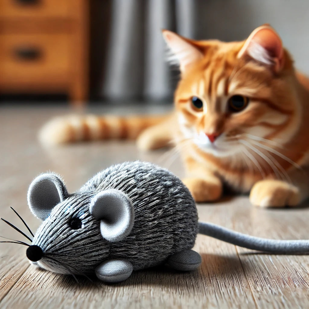 Jouet en forme de souris pour chat, fabriqué en tissu gris doux avec une queue réaliste, présenté sur un sol en bois avec un chat roux bondissant pour jouer