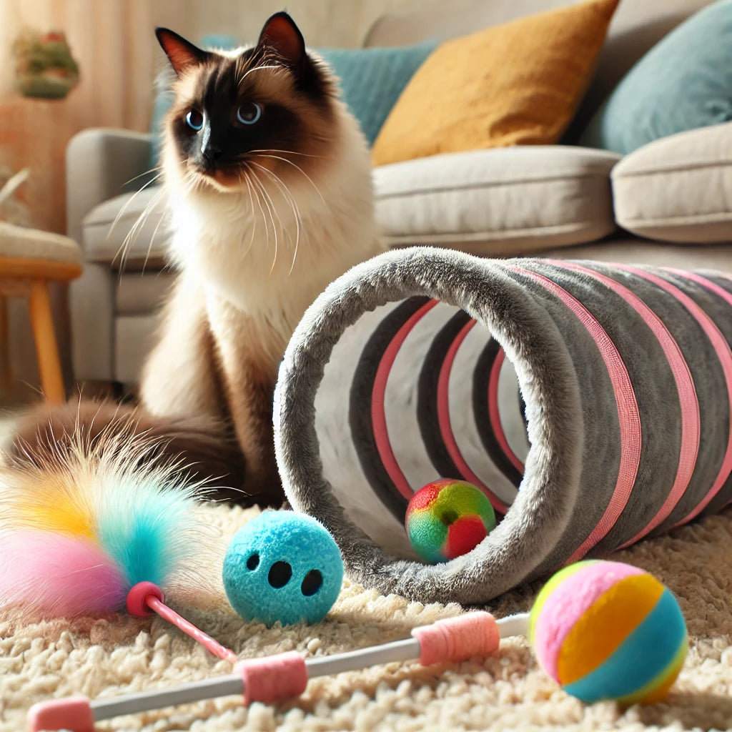 Ensemble de jouets pour chats d’intérieur, comprenant un tunnel, une baguette avec plume et des balles colorées, présenté sur un tapis moelleux avec un chat siamois curieux