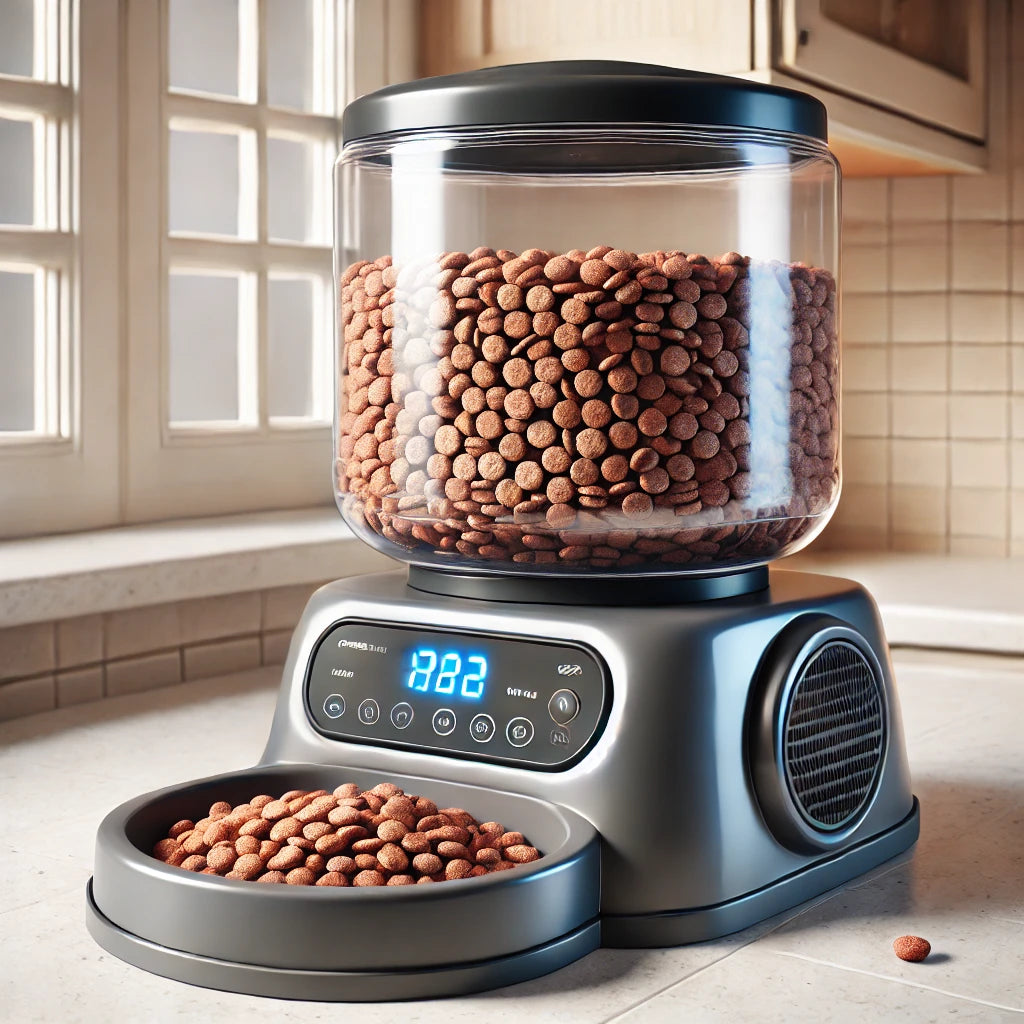 Distributeur automatique pour chat avec réservoir transparent rempli de croquettes et bol large à la base pour recevoir la nourriture, posé sur un comptoir de cuisine propre