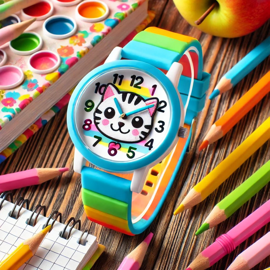 Une montre colorée avec un design de chat et un bracelet en silicone, parfaite pour les enfants. Elle est entourée de fournitures scolaires comme des crayons de couleur et un cahier