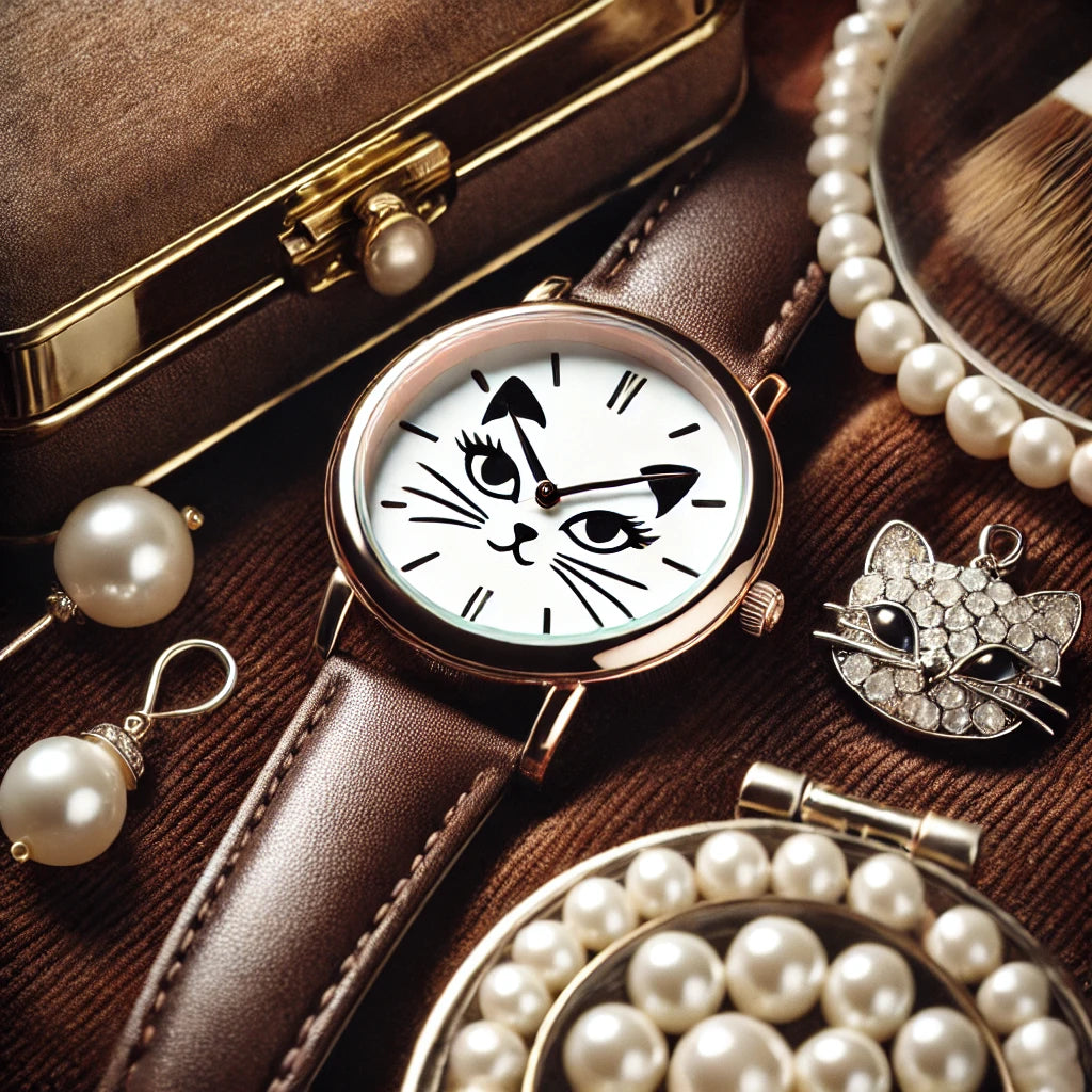Une montre pour femme avec un motif de chat sur le cadran, posée sur une surface en velours. Autour, des accessoires élégants comme des boucles d’oreilles en perles et un miroir de poche