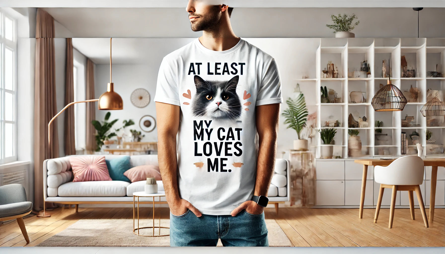 Homme portant un t-shirt blanc avec motif de chat noir et blanc et texte humoristique