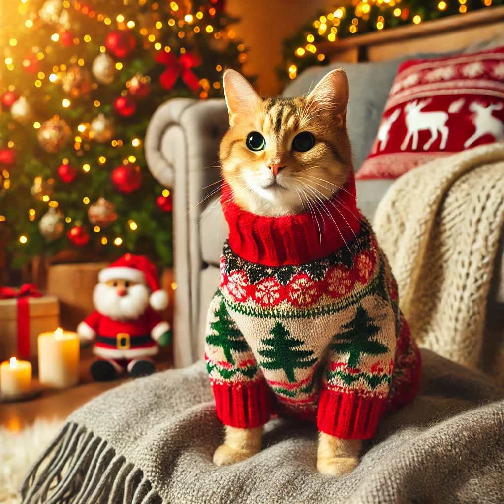 Chat avec un pull de Noël rouge décoré de motifs festifs comme des sapins et des flocons, assis sur un plaid dans un salon chaleureux avec un sapin illuminé et des décorations de fête