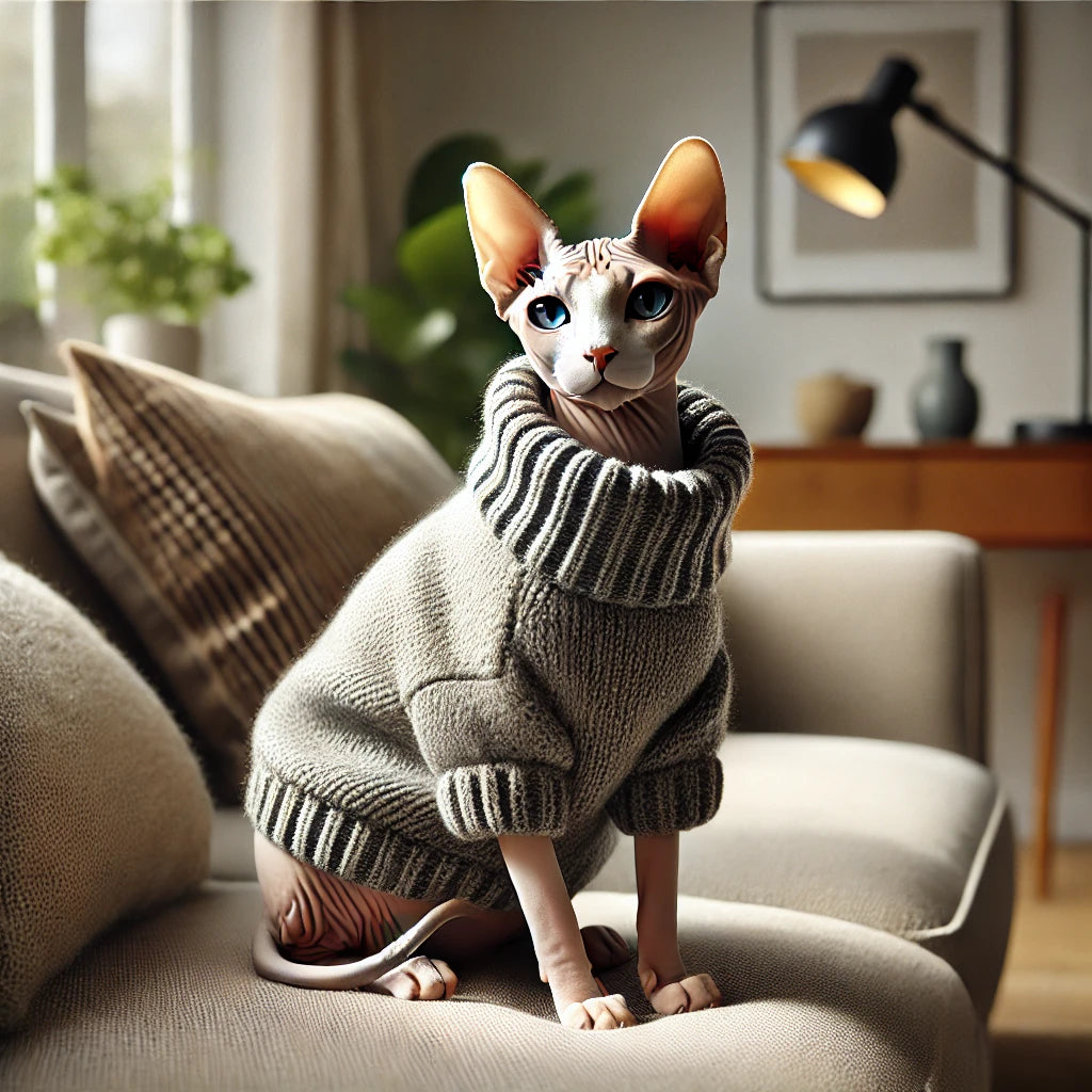 Chat Sphynx portant un pull en tricot gris avec col roulé, assis sur un canapé dans un salon lumineux et moderne avec des coussins et des plantes en arrière-plan