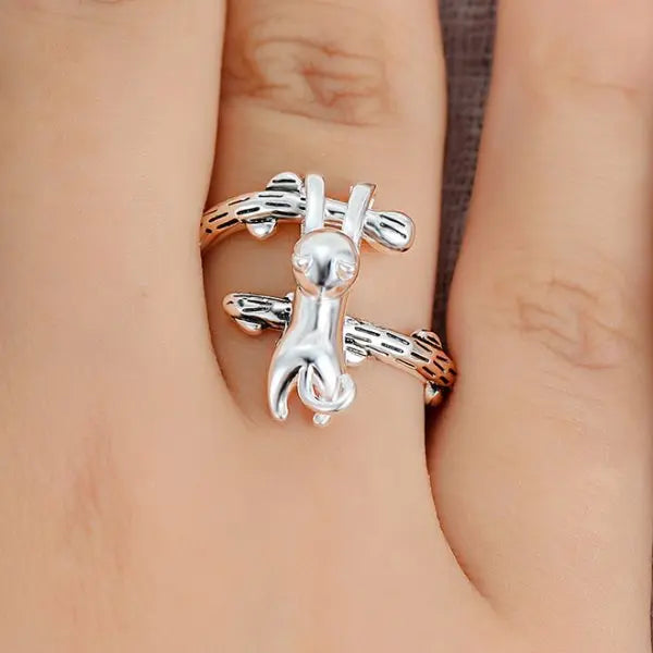 Bague Chat Accroché à une Branche (Argent) - Vraiment-chat