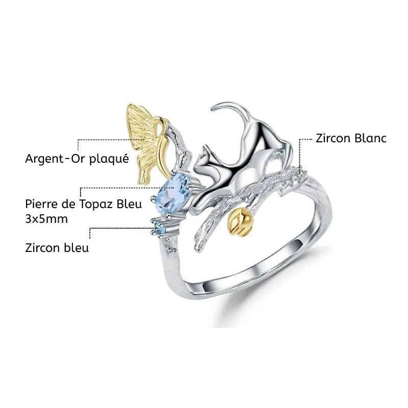 Bague Chat qui chasse le papillon (Argent) Ajustable Vraiment-chat