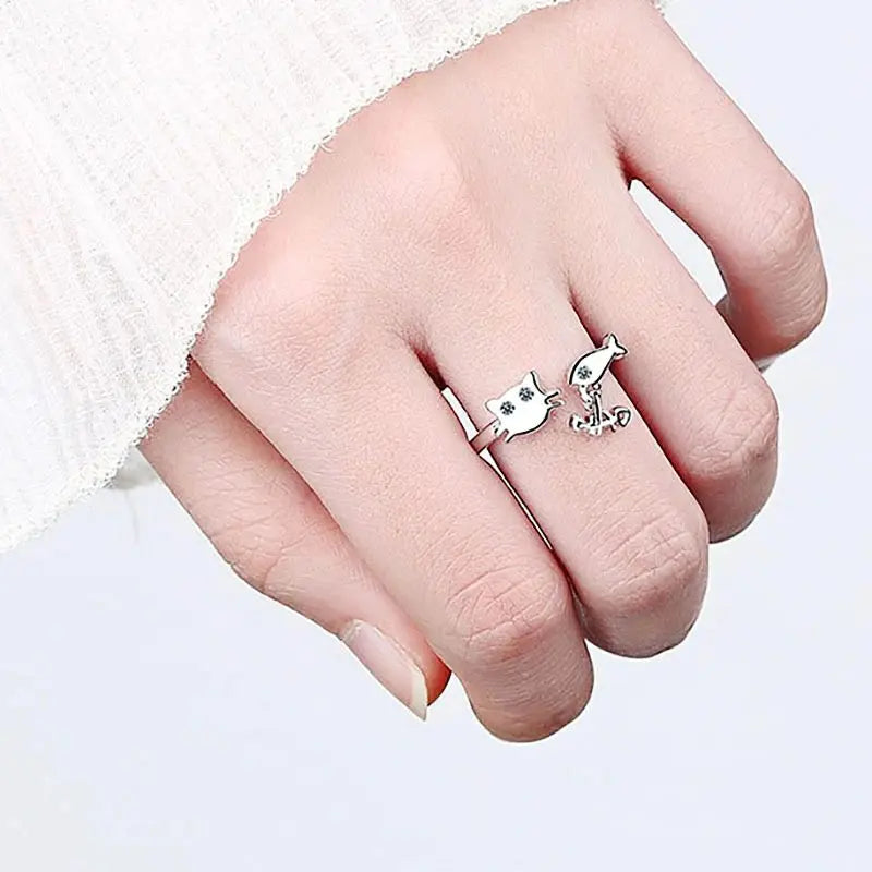 Bague Chat aux Poissons en Argent - Vraiment-chat
