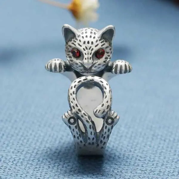 Bague avec Chat aux Yeux Rouges (Argent) - Vraiment-chat