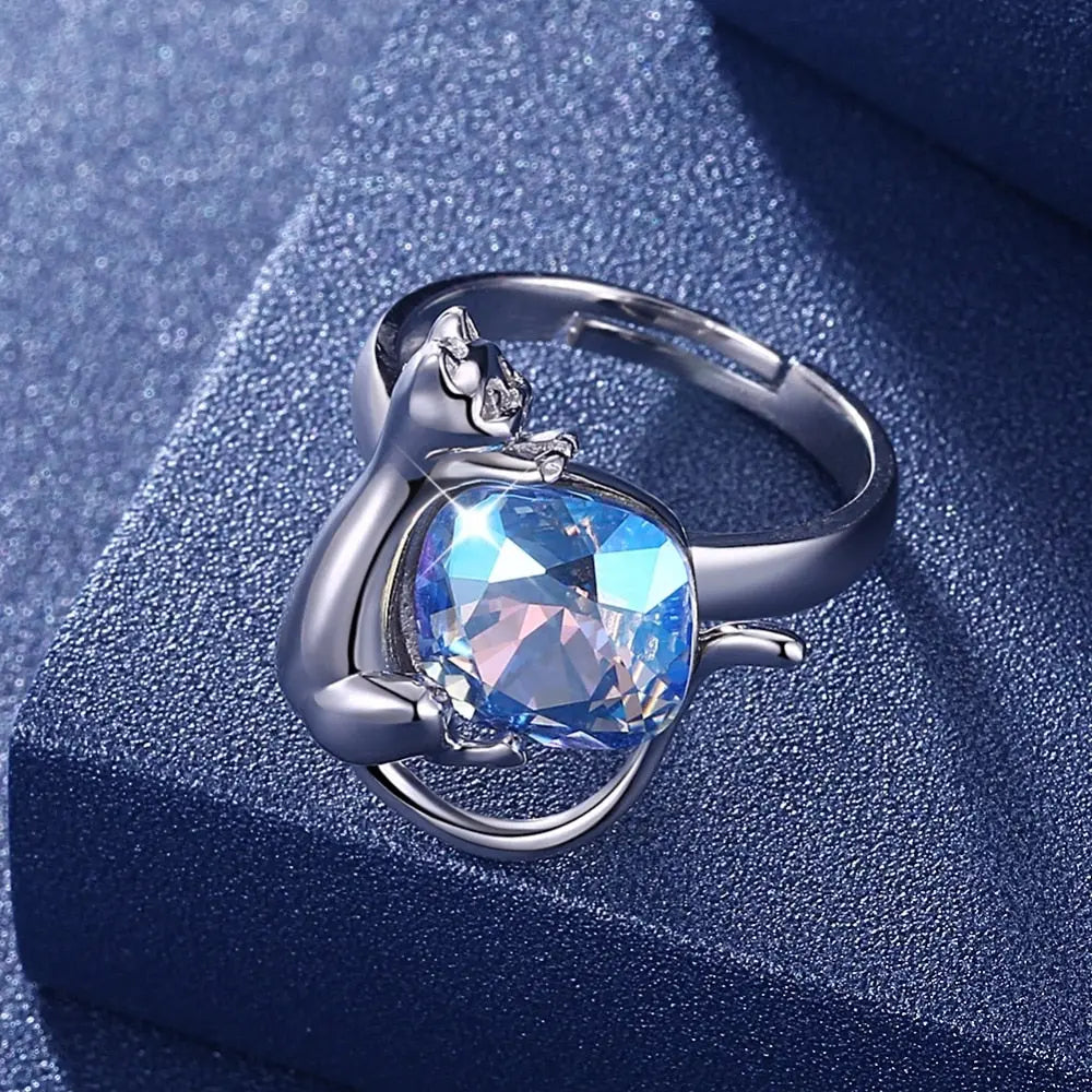 Bague Chat au Cristal Bleu (Argent) - Vraiment-chat