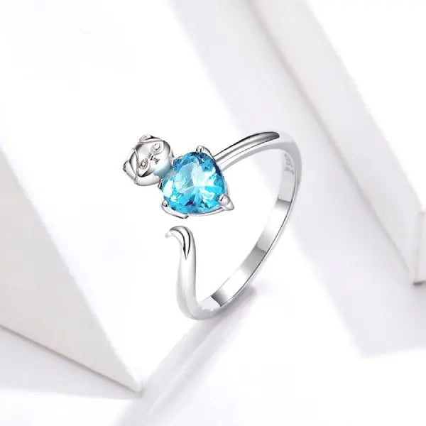 Bague Chat sur le Coeur Brillant (Argent) - Vraiment-chat