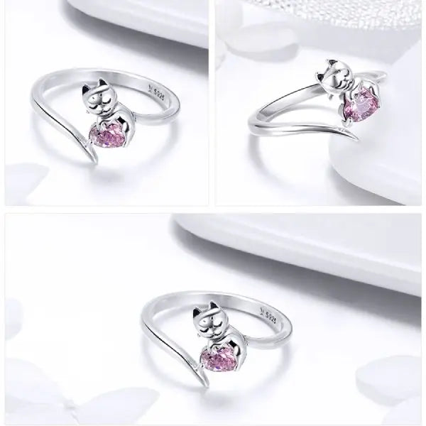 Bague Chat sur le Coeur Brillant (Argent) - Vraiment-chat