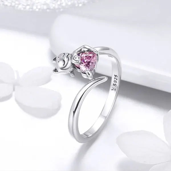 Bague Chat sur le Coeur Brillant (Argent) - Vraiment-chat