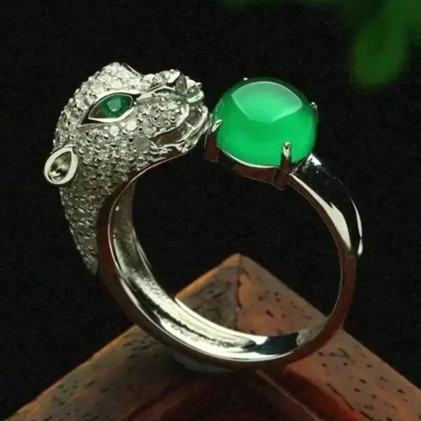 Bague Léopard et son Emeraude (Argent) - Vraiment-chat