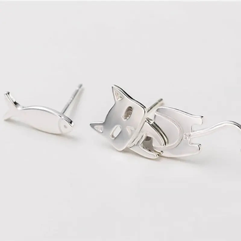 Boucle d'Oreilles Chat et Poisson en Argent - Vraiment-chat