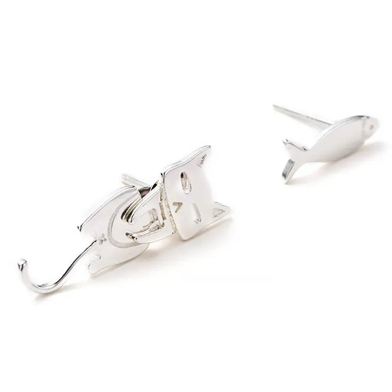 Boucle d'Oreilles Chat et Poisson en Argent - Vraiment-chat