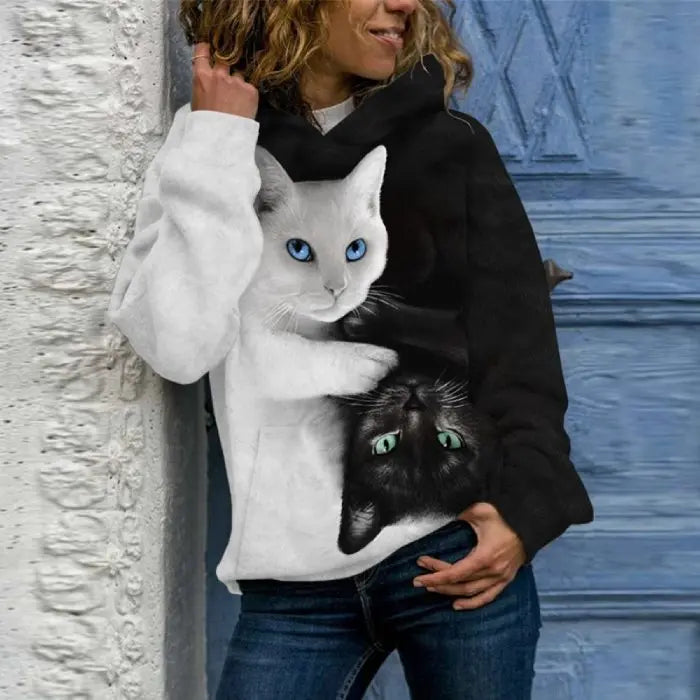 Sweat à Capuche Chat Noir et Blanc Vraiment-chat