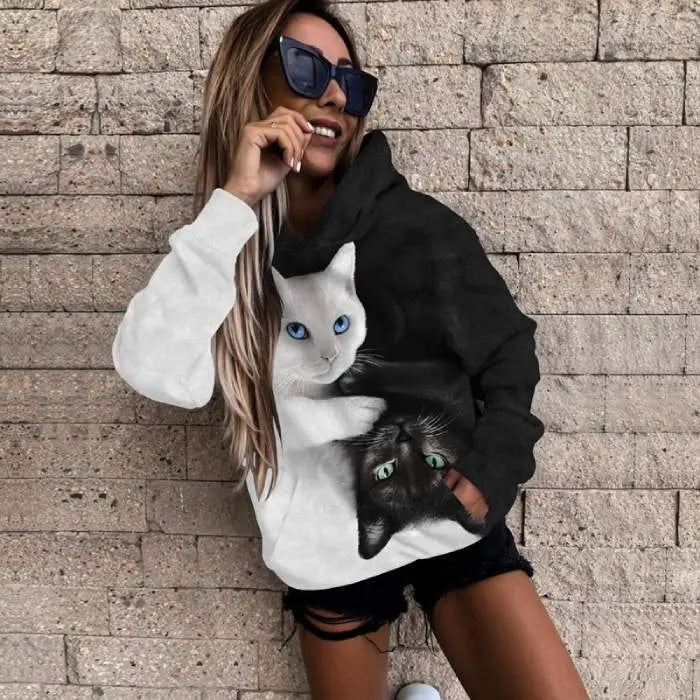 Sweat à Capuche Chat Noir et Blanc Vraiment-chat
