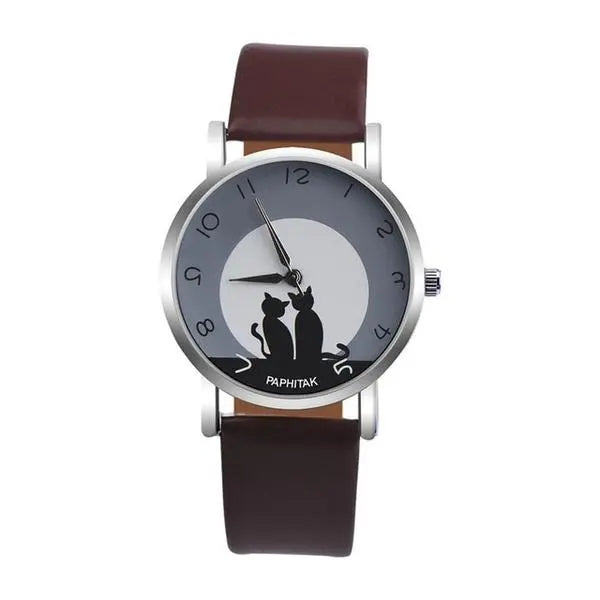 Montre Chat Femme Cuir "Lune à Deux" - Vraiment-chat