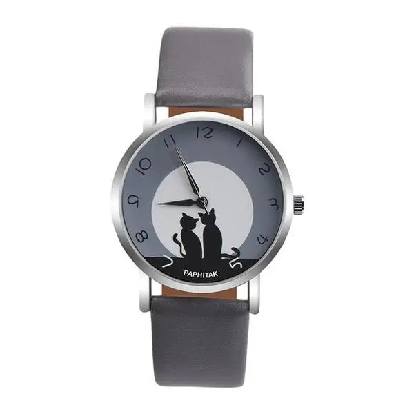 Montre Chat Femme Cuir "Lune à Deux" - Vraiment-chat