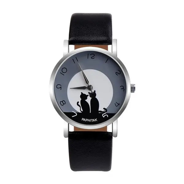 Montre Chat Femme Cuir "Lune à Deux" - Vraiment-chat