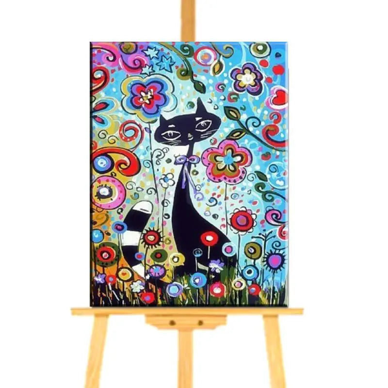 Peinture par Numéro de Chat Noir avec des Fleurs - Vraiment-chat