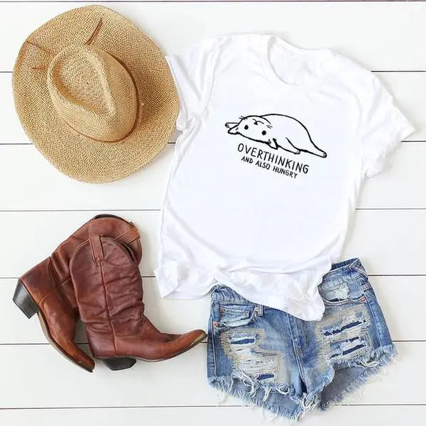 T-shirt de Chat Je pense trop et J'ai faim - Vraiment-chat