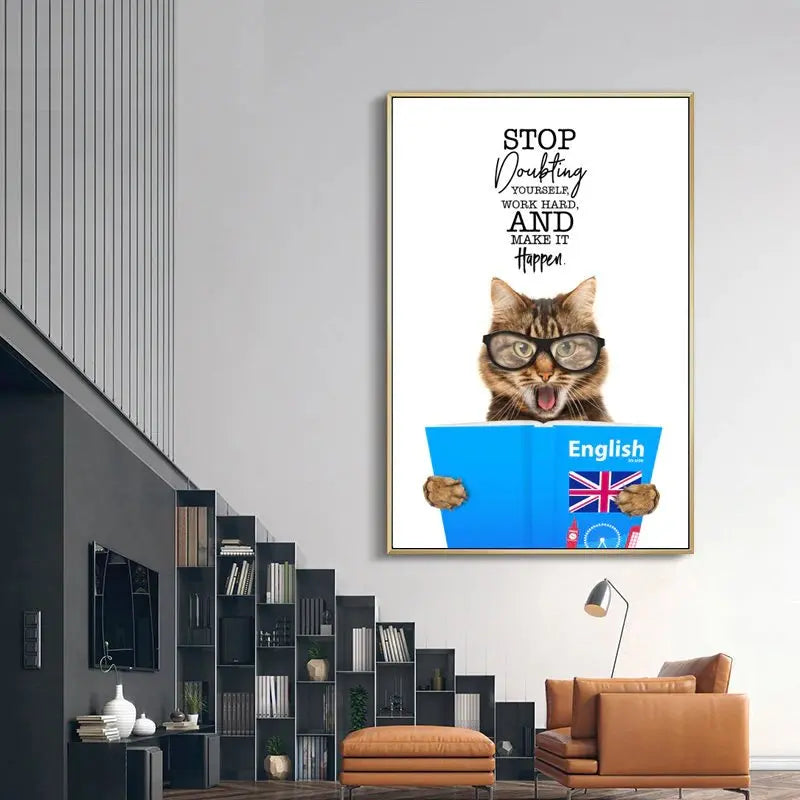 Poster chat à lunettes Travaille Dur! - Vraiment-chat