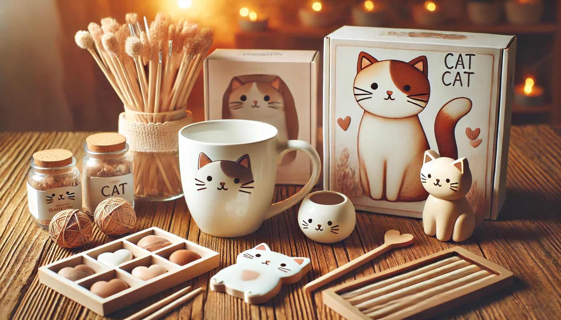 Idées cadeaux pour les amoureux des chats : mugs, tasses et kit DIY pour construire une figurine en bois, présentés sur une table en bois avec une ambiance chaleureuse