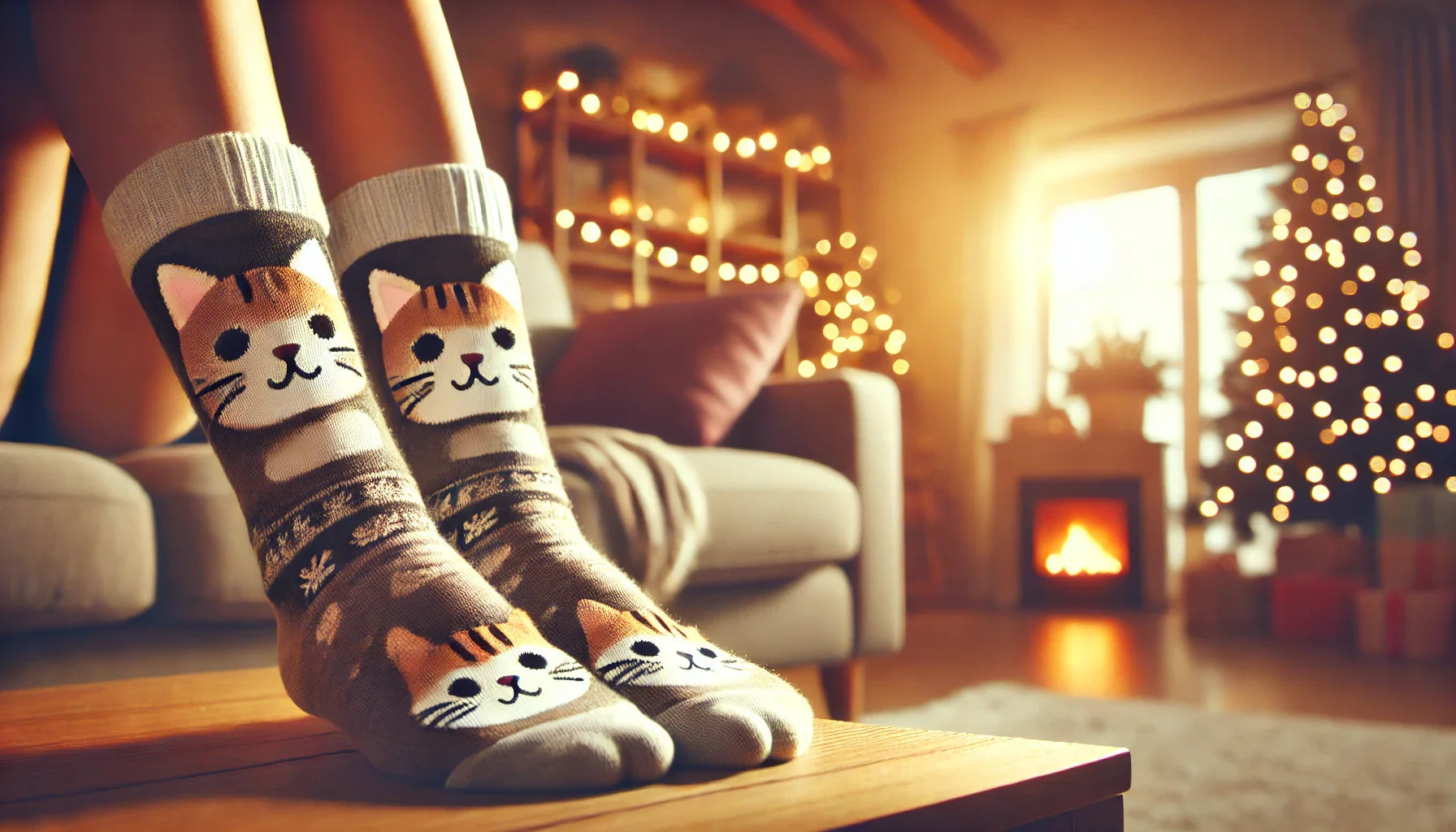 Des pieds portant des chaussettes sur le thème des chats, avec des motifs de visages de chat et un intérieur chaleureux en arrière-plan