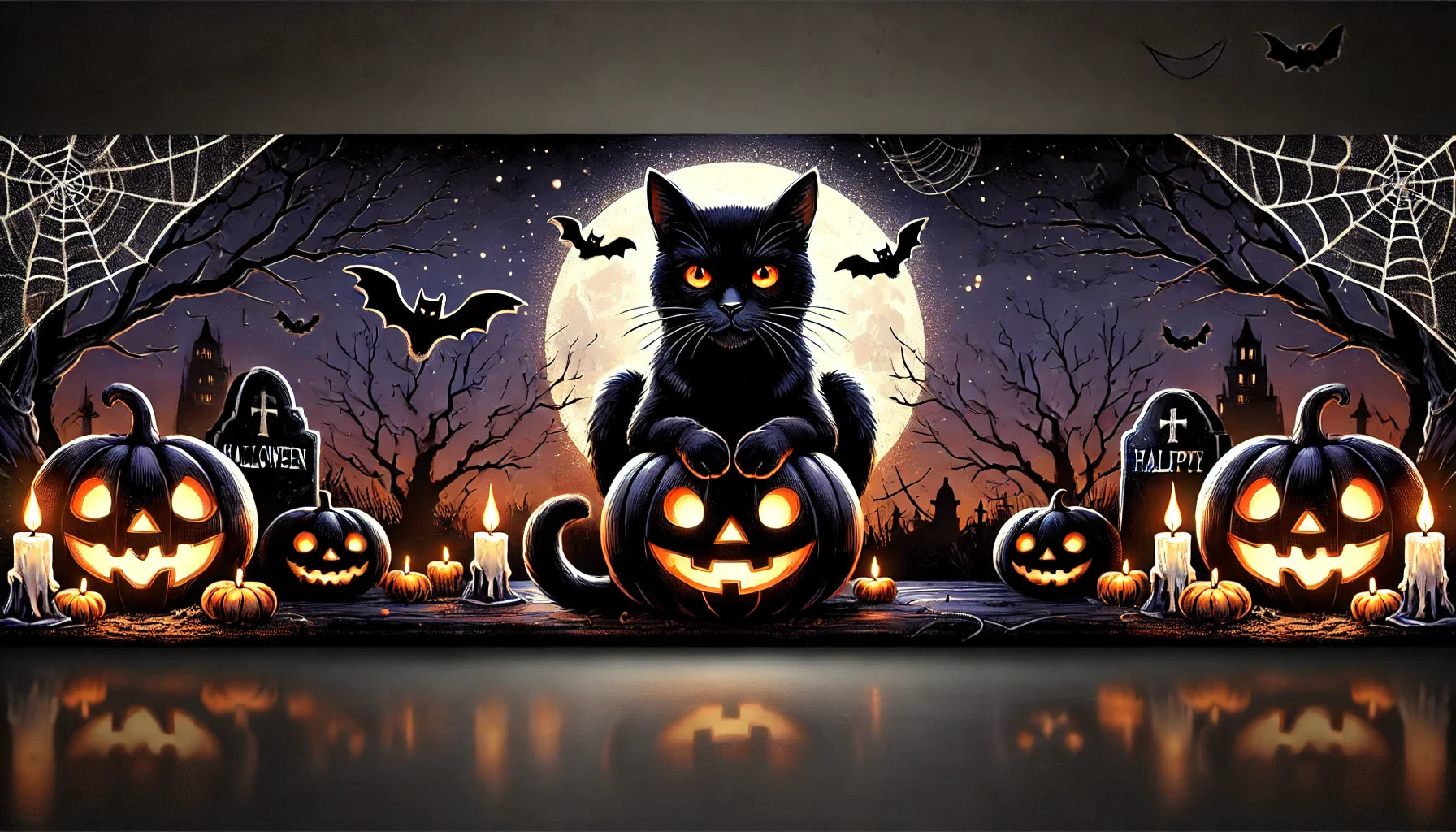 Un chat noir effrayant sur une citrouille lumineuse, entouré de décorations d'Halloween comme des toiles d'araignées, des bougies et une pleine lune dans un décor nocturne mystérieux