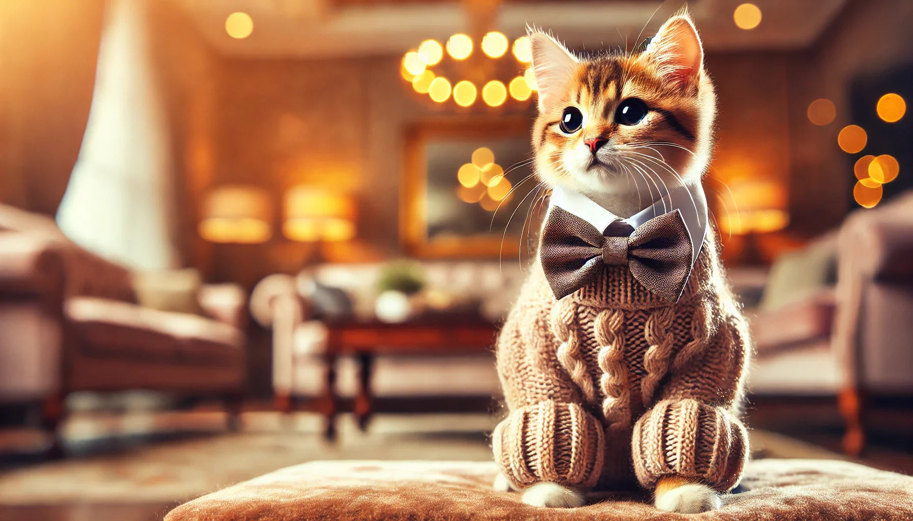 Un chat portant un pull élégant avec un nœud papillon, assis sur une surface moelleuse dans un intérieur chaleureux et bien éclairé