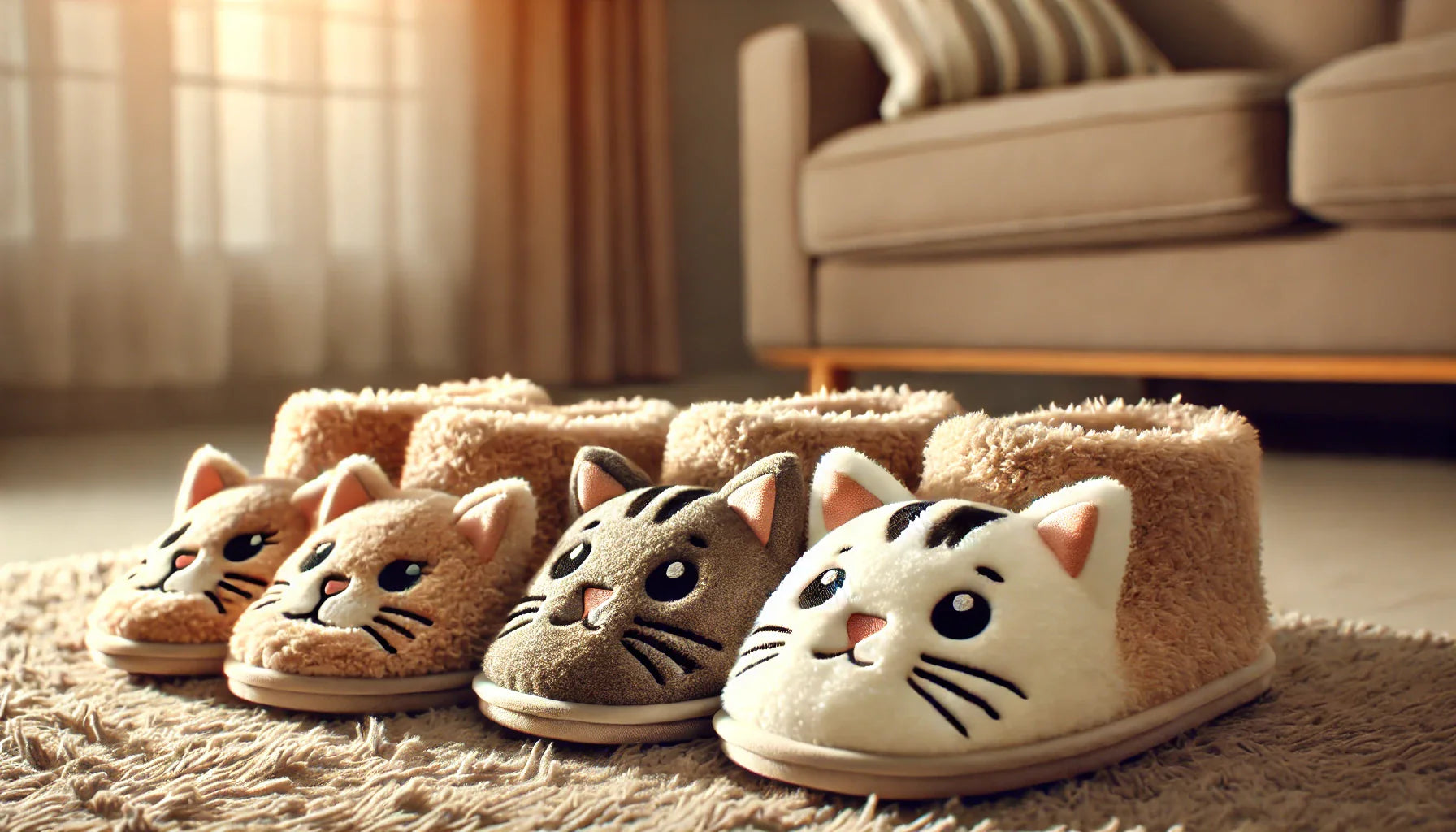 Des chaussons douillets à motif de chat, posés sur un tapis moelleux dans un intérieur chaleureux, parfaits pour une ambiance cosy