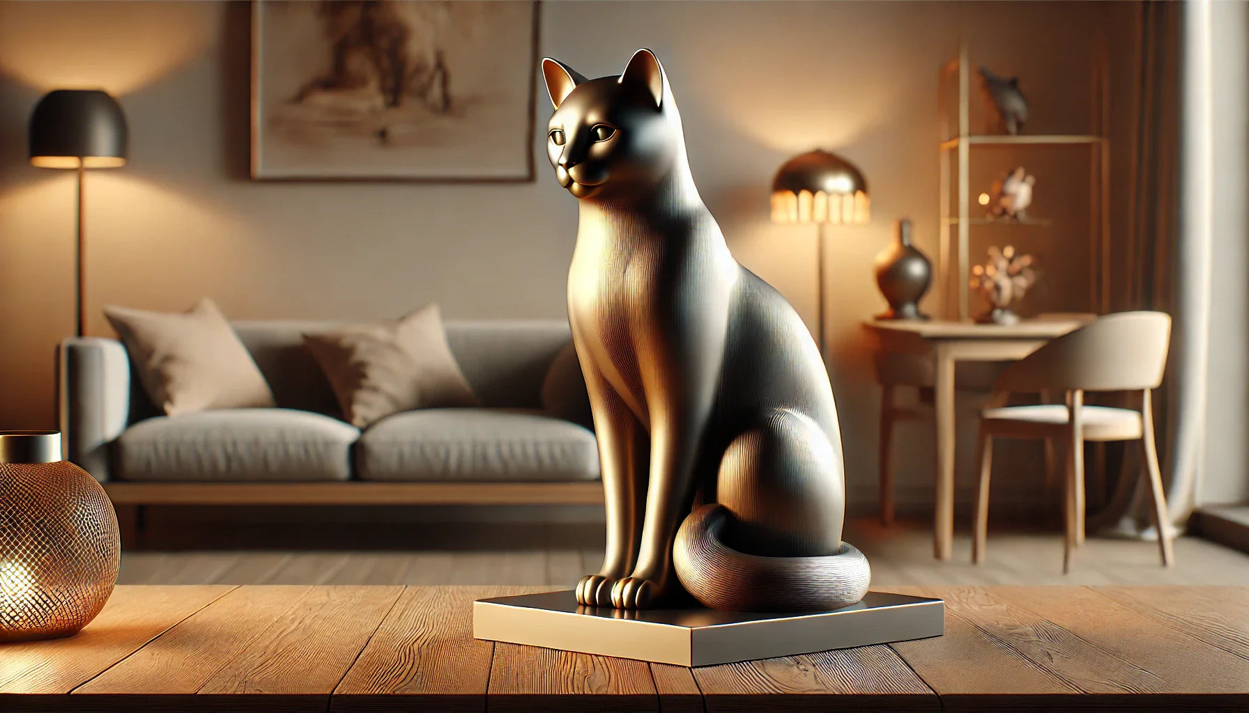 Statue élégante de chat placée sur une table en bois, mise en valeur par un éclairage chaleureux dans un intérieur minimaliste et moderne