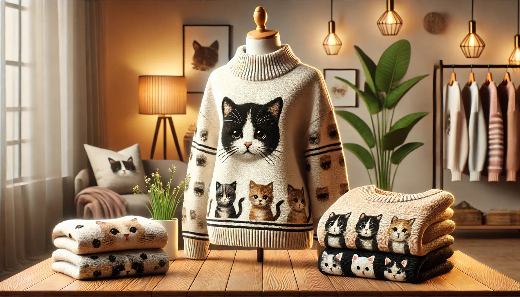 des pulls chat dans une pièce est présentée sur un mannequin avec un design de chat, entourée de pulls pliés avec des motifs félins, le tout dans un décor intérieur chaleureux avec lumière douce et plante en arrière-pla