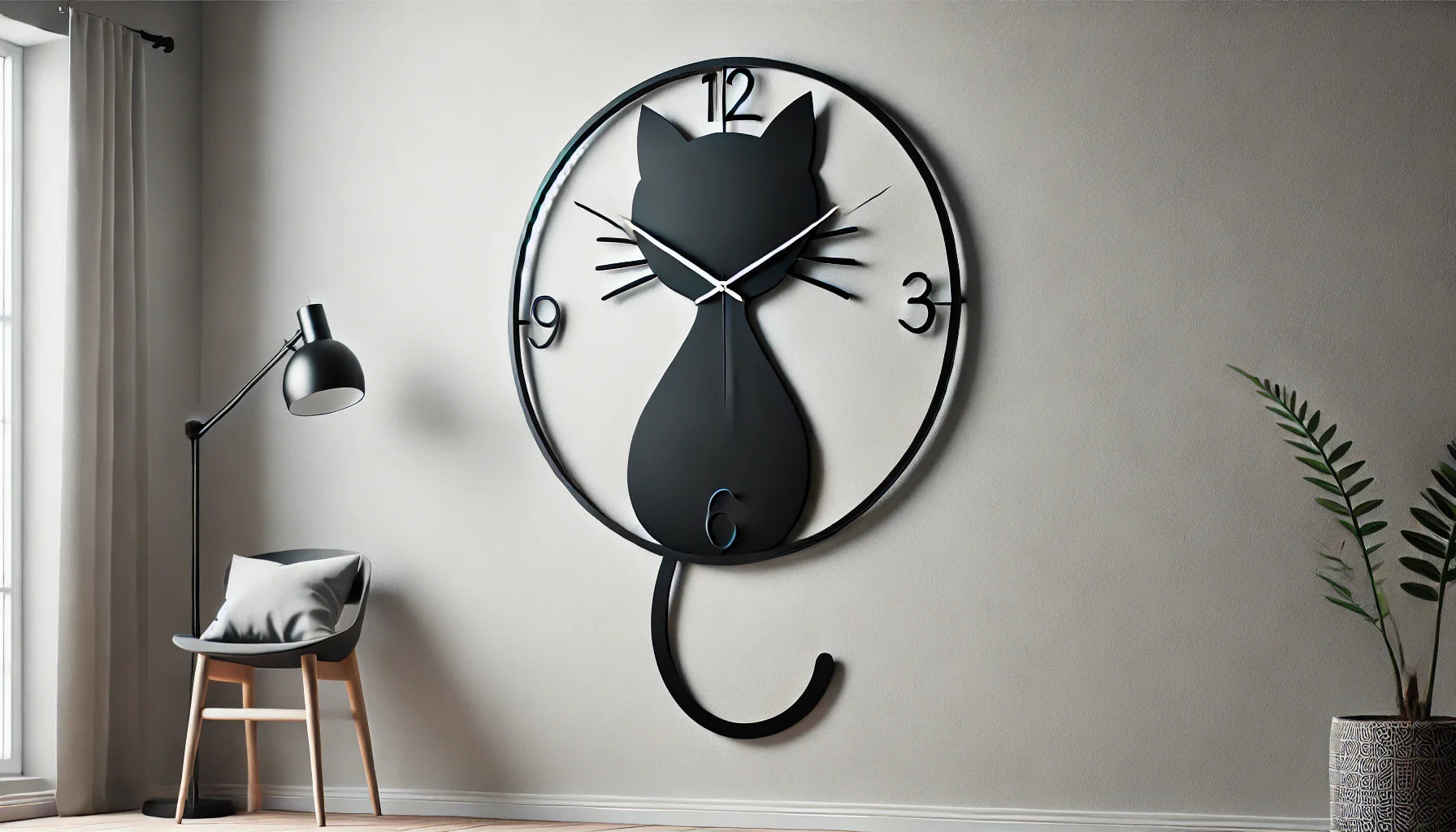 Horloge murale élégante en forme de chat, avec un design moderne et minimaliste, accrochée sur un mur clair dans un intérieur épuré et contemporain, parfaite pour ajouter une touche féline à votre décoration