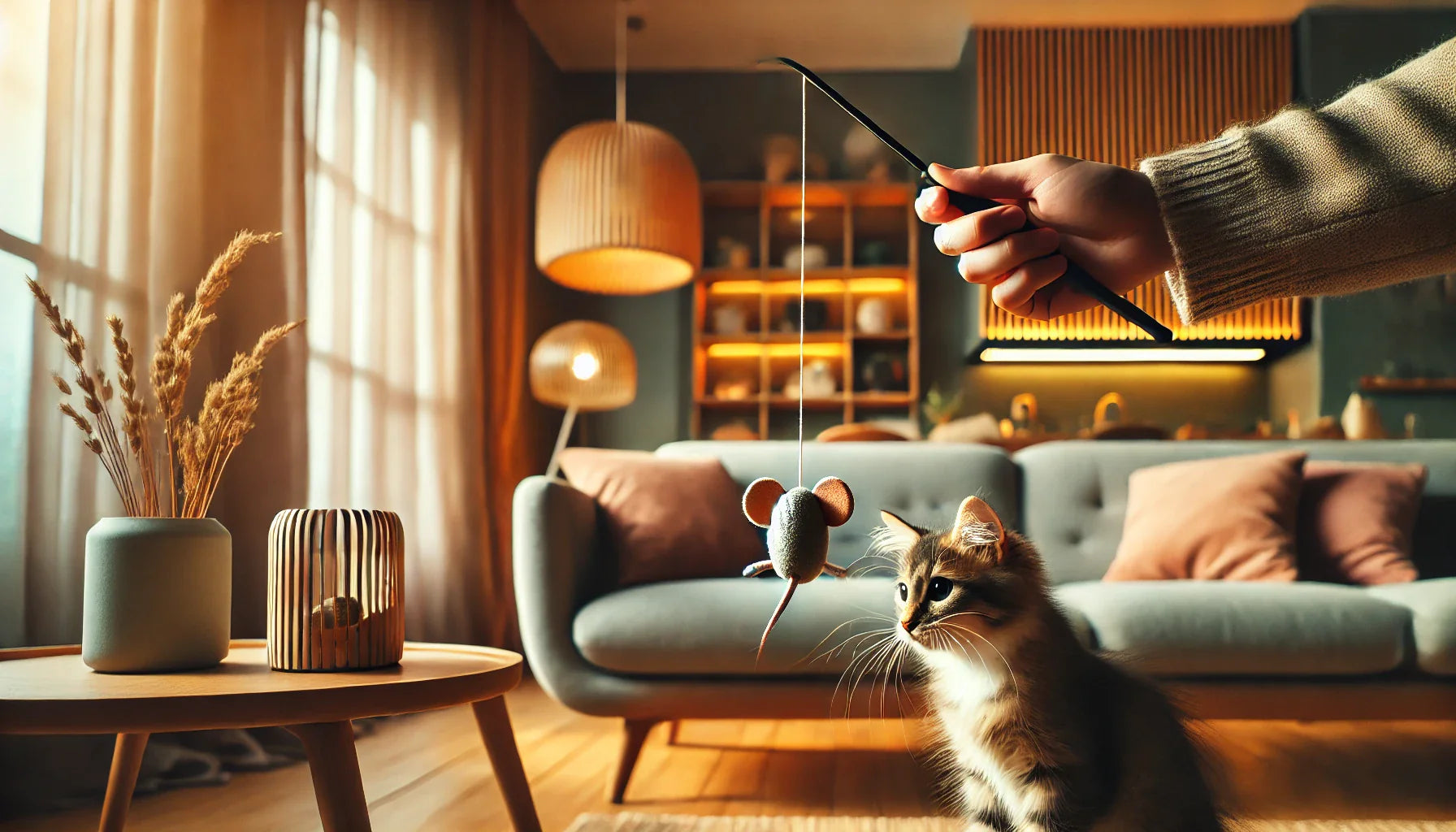 Personne tenant une canne à pêche pour chat, jouant avec un chaton dans un salon chaleureux. Le chat tente d’attraper un jouet suspendu, mettant en scène un moment interactif et amusant entre l'humain et l'animal