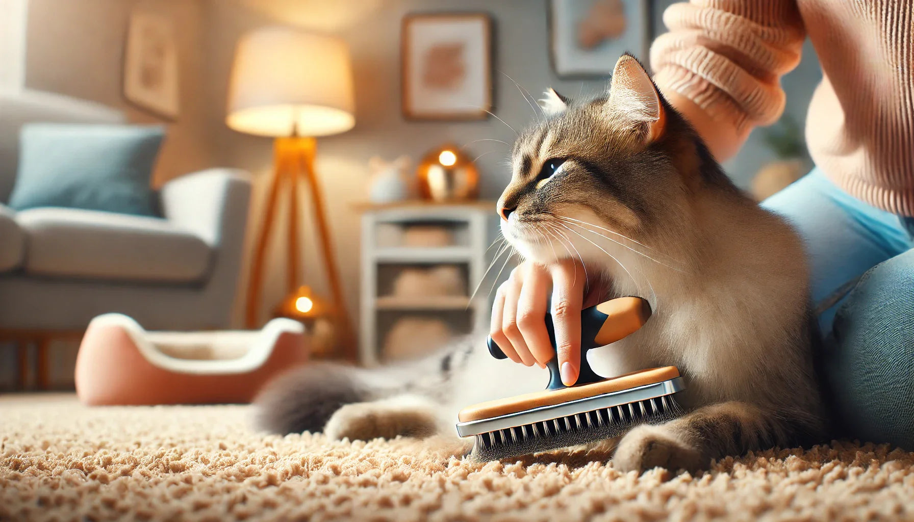 Une scène apaisante avec un chat allongé, profitant d’une séance de toilettage avec une brosse de qualité, dans une ambiance cosy et élégante