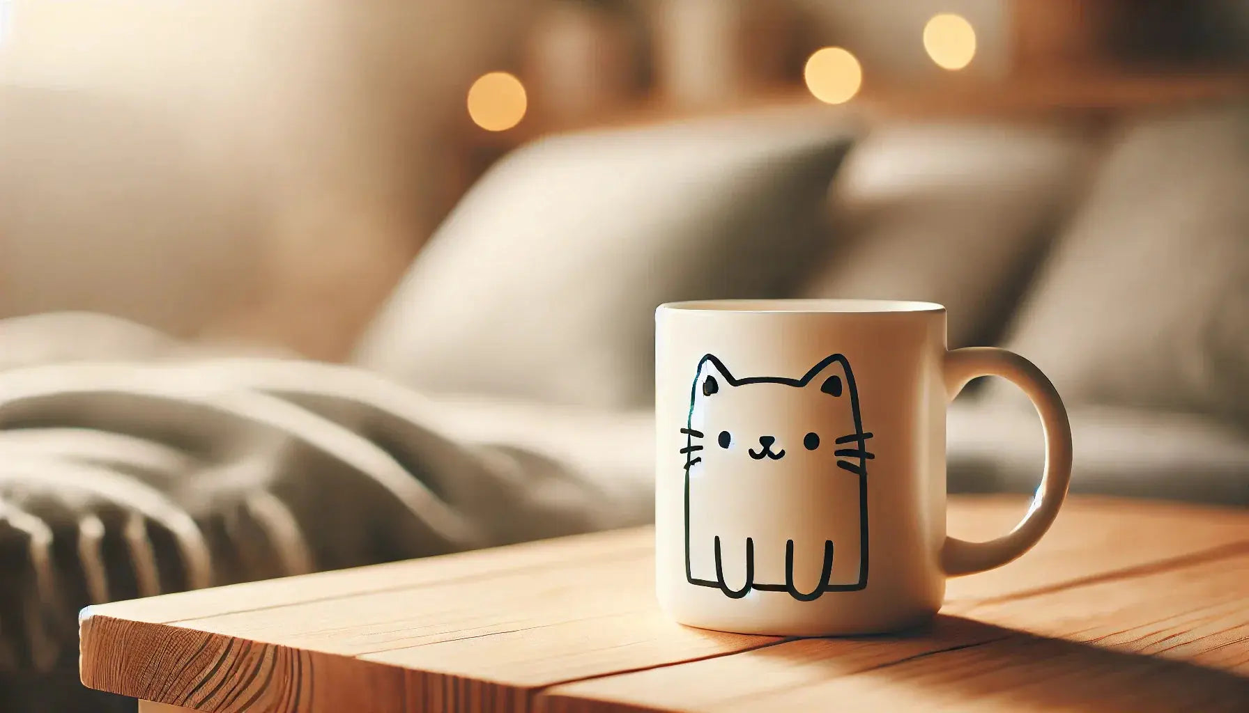 Un mug blanc avec un dessin de chat minimaliste posé sur une table en bois, ambiance chaleureuse et cosy