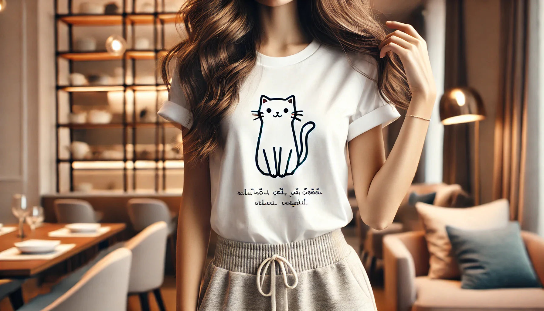 Une femme portant un t-shirt blanc avec un design de chat minimaliste et humoristique, dans un intérieur moderne et chaleureux avec une décoration élégante