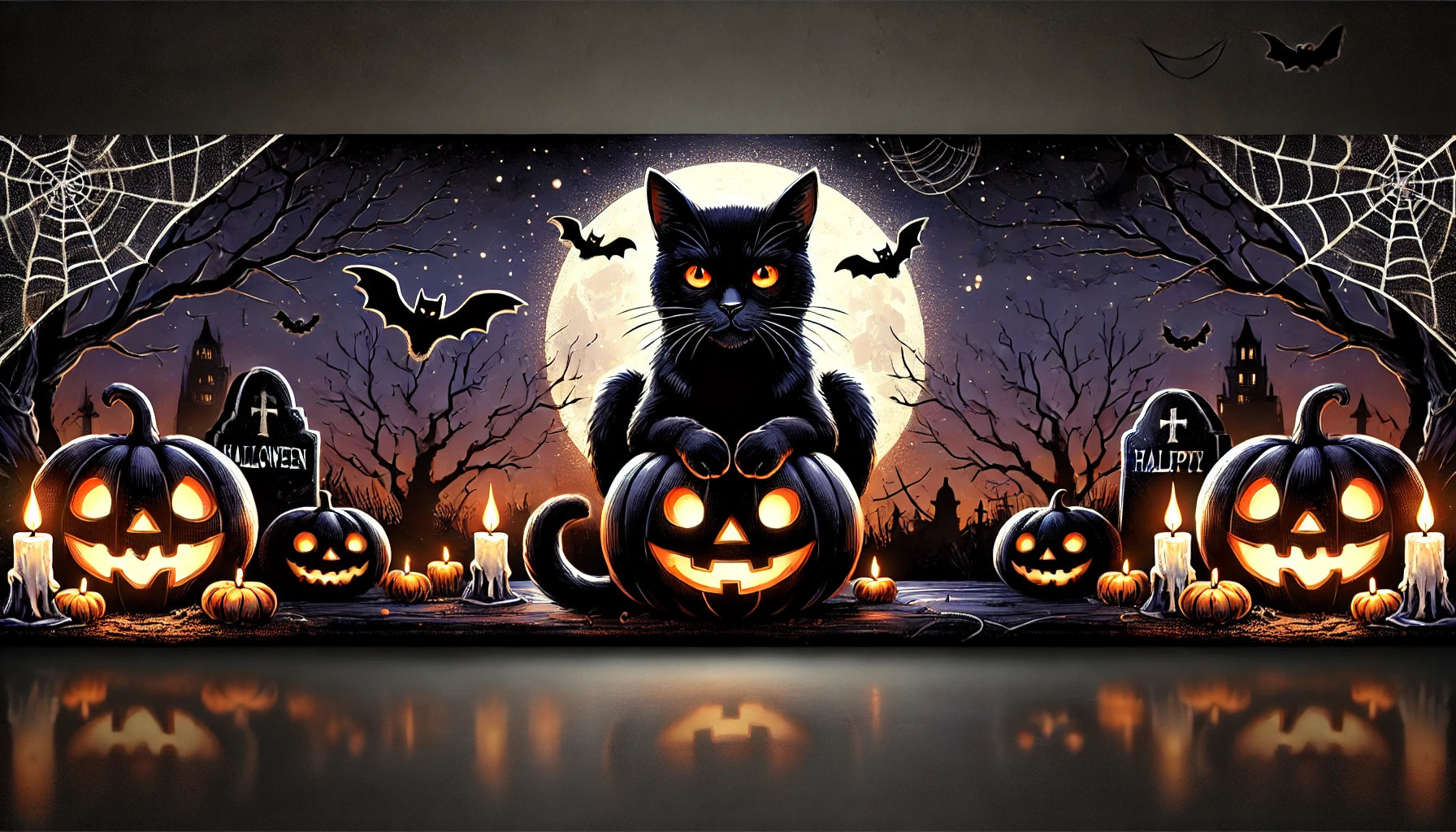 Chat noir entouré de citrouilles pour Halloween