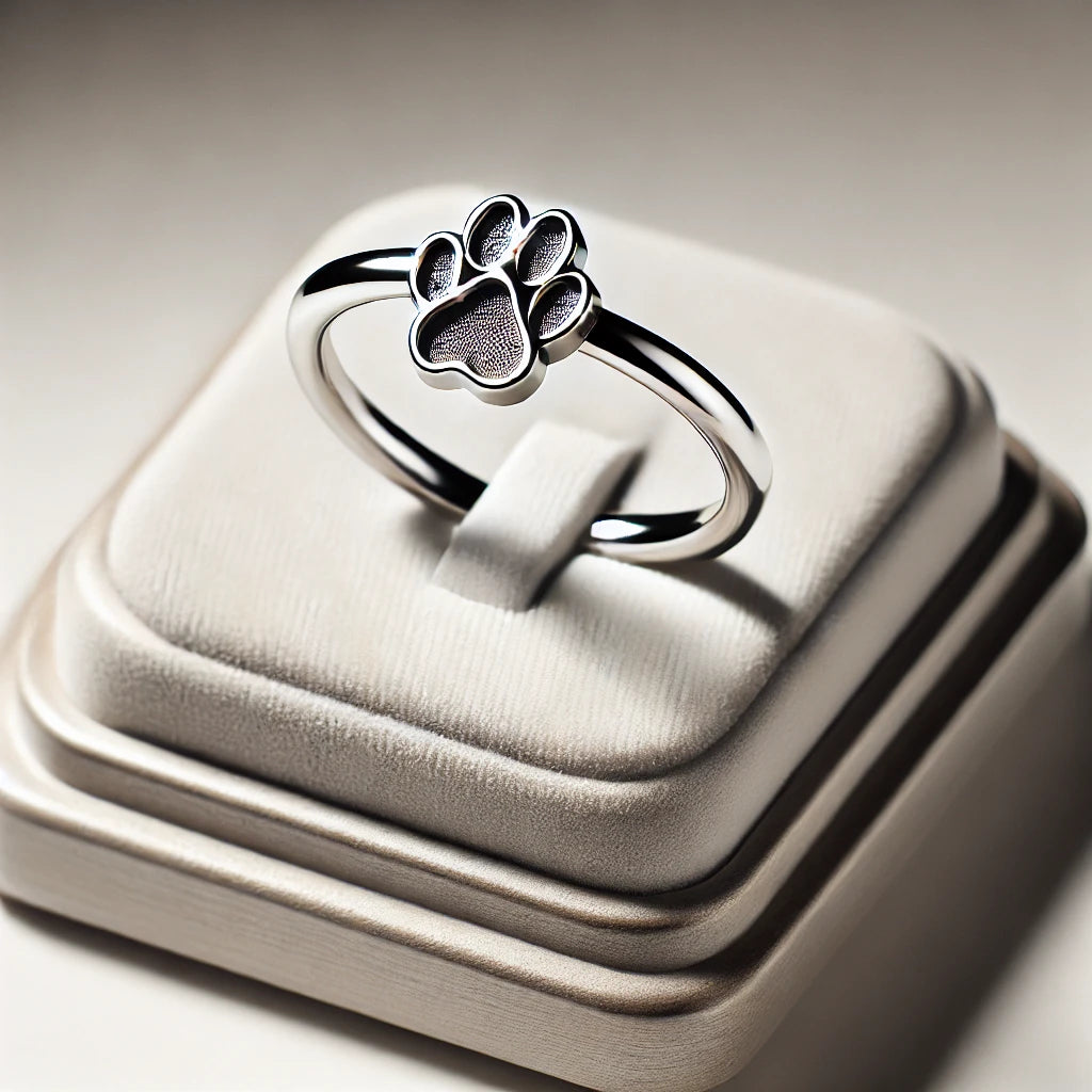 Bague en argent ornée d’une empreinte de patte de chat, exposée sur un porte-bijoux moderne avec un arrière-plan épuré