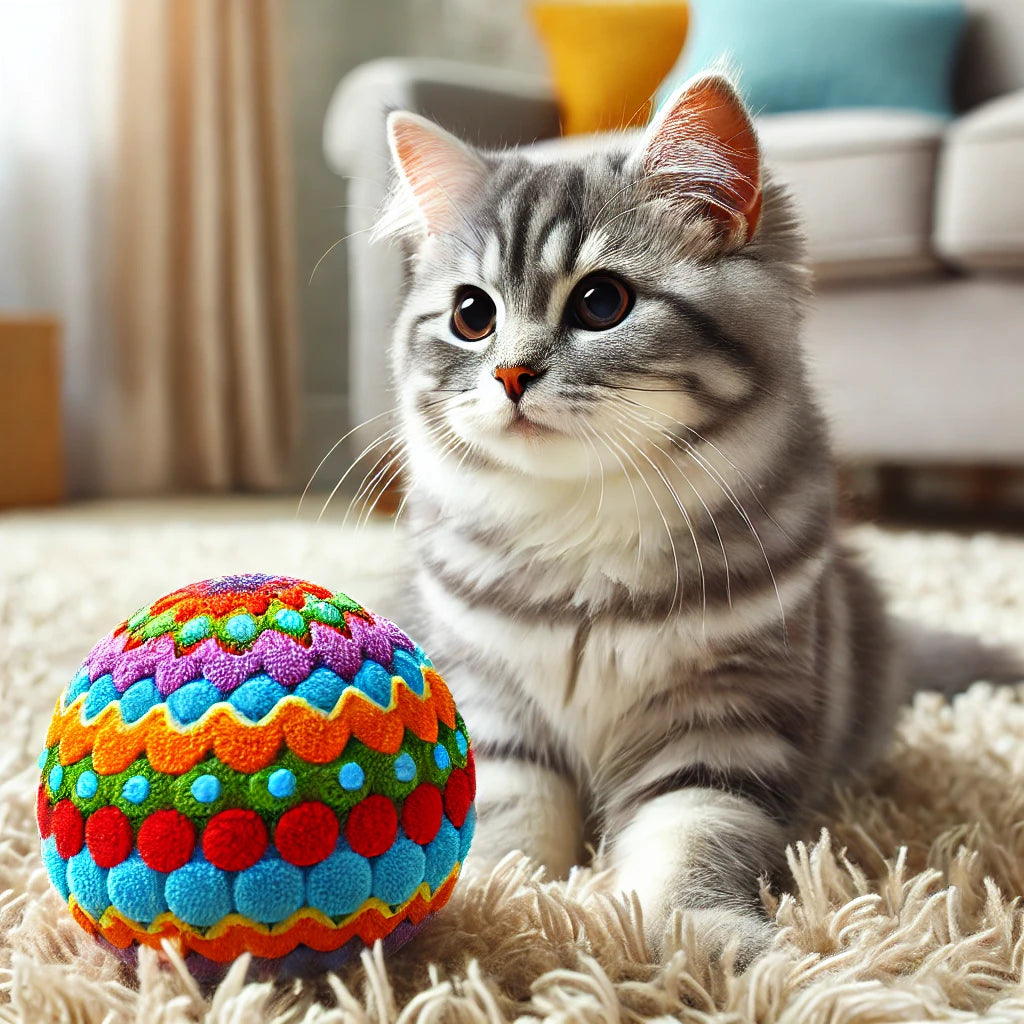 Une balle en peluche colorée, posée sur un tapis beige moelleux. Un chat tigré gris fixe le jouet avec curiosité