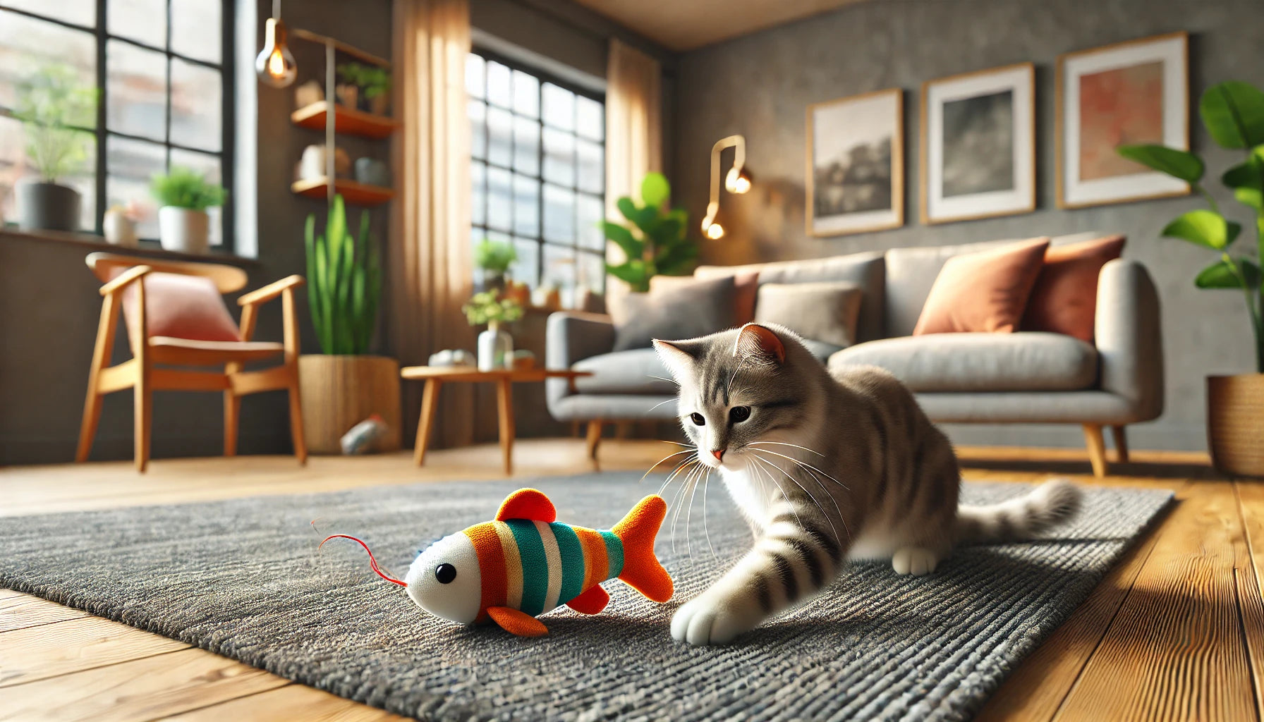 Chat jouant avec une peluche en forme de poisson coloré, parfait pour stimuler et divertir votre félin