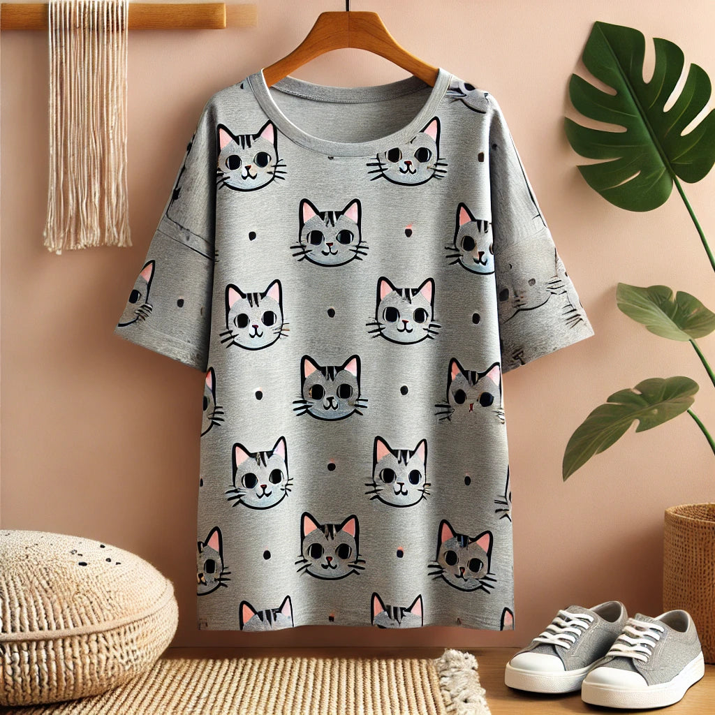 Une robe tee-shirt douce et confortable de couleur grise, décorée d’un motif ludique de chat, suspendue sur un cintre dans une pièce lumineuse avec des éléments de décor minimalistes comme un tapis tissé et une plante.