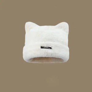 Iron Label Decorative Beanie Hat with Ears Cute Warm Plush Cat Beanie Winter Faux Fur Beanie Elastic Knitted Hat Women Outdoor Vraiment-chat