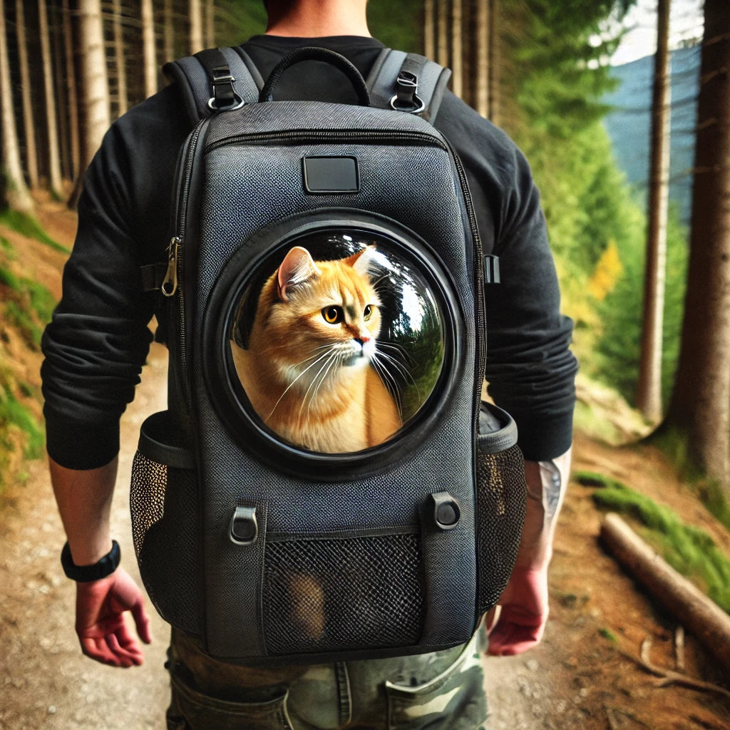 Un sac à dos noir avec une fenêtre transparente en forme de bulle, porté par une personne en randonnée dans une forêt. Un chat roux curieux profite de la vue tout en étant confortablement installé à l’intérieur.