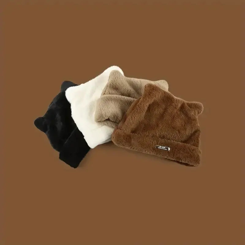 Iron Label Decorative Beanie Hat with Ears Cute Warm Plush Cat Beanie Winter Faux Fur Beanie Elastic Knitted Hat Women Outdoor Vraiment-chat