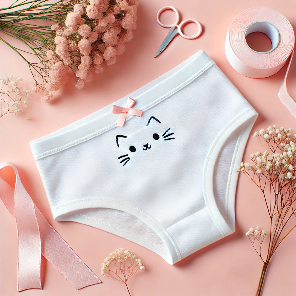 Ensemble de sous-vêtements féminins à thème chat, avec une culotte en coton blanc ornée d’un visage de chat brodé. Le tout est posé sur un fond rose pastel