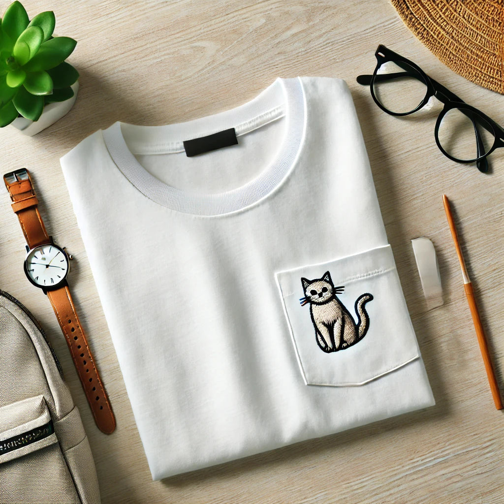 Un T-shirt blanc avec un petit chat brodé sur la poche de poitrine, posé sur une table en bois clair et accompagné d’accessoires comme une montre, des lunettes et une plante pour un look frais.

